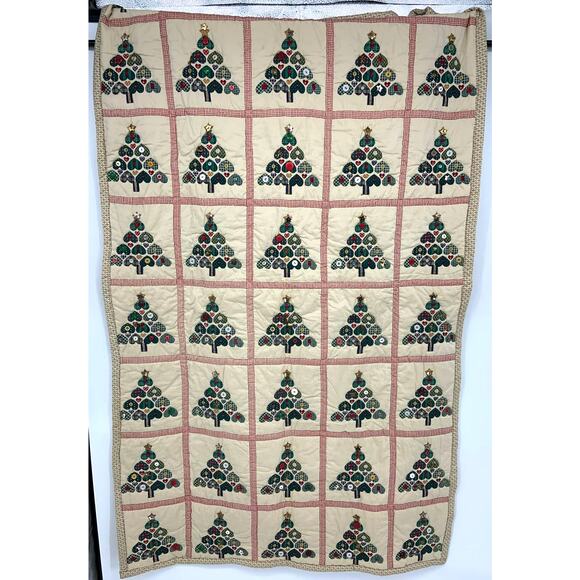 Hand Stitch Christmas Tree Patchwork Heart Carpet Rug Beige Rectangular Buttons - Picture 1 of 7